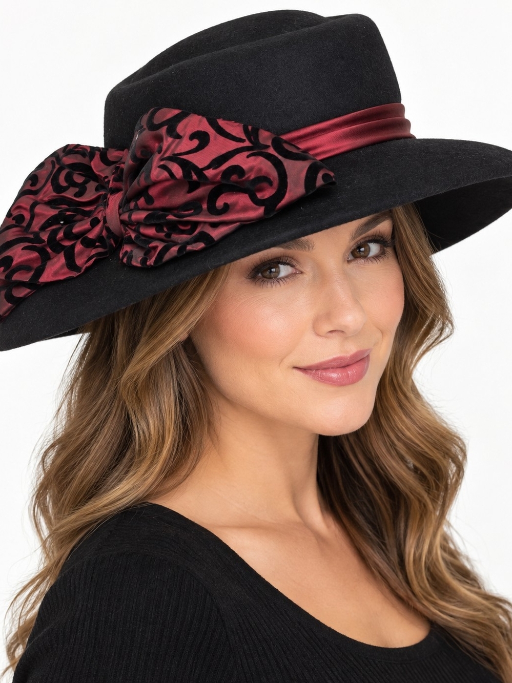 Vintage Jean Arlett Creations Black 100% Wool Wide Brim Hat Red Bow Made USA